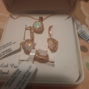 Rose gold over Silver Lab-Created Blue Opal & White Sapphire Earring Pendant set